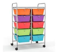 KOMFOTTEU Carro con 10 Cajones Apilable de Almacenaje, Carrito Auxiliar con Ruedas de Bloqueo, Carrito Organizador con Estructura Metálica, para Oficina, Baño, Salón (10 Cajones, Multicolor)