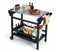 KOMFOTTEU Carro de Barbacoa con Encimera de Acero Inoxidable, Carrito de Jardín con 2 Ruedas, Estante para Botellas, Bandeja Inferior, 5 Ganchos, Mesa de Preparación de Alimentos para Picnic, Patio