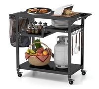 KOMFOTTEU Carro de Servicio de Metal para Exterior, Carrito Auxiliar con Ruedas para Jardín, Carro de Barbacoa de 3 Niveles con Asa, Ganchos y Soporte para Bolsas de Basura, Negro (3 Niveles)