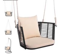 KOMFOTTEU Columpio de Jardín de Ratán, Silla Colgante con Cojines, Silla Mecedora Colgante con Marco de Metal y 2 Cuerdas para Colgar, Carga de 180 kg, para Porche, Terraza, Balcón (Beige)