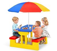 KOMFOTTEU Conjunto de Asientos Infantiles con Sombrilla, Juego de Picnic para Niños con 1 Mesa y 2 Bancos, Juego de Muebles para Jardín, Parque, Terreza (Amarillo + Rojo + Azul)