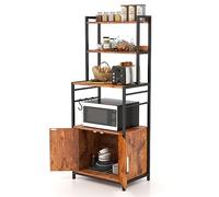 KOMFOTTEU Estantería de Cocina de 4 Niveles, Soporte para Microondas con Armario con 2 Puertas y 3 Ganchos, Mueble de Almacenamiento de Madera con Marco de Metal, 60 x 40 x 150 cm