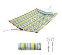 KOMFOTTEU Hamaca con Cojín Extraíble, Barras de Expansión de Madera de Haya, Tumbona Colgante de hasta 150 kg para Terraza, Balcón, Piscina, Bolsa de Transporte, 141 x 191 cm, Azul Claro y Amarillo
