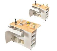 KOMFOTTEU Isla de Cocina con Encimera Extensible, Carro de Servicio de Madera con 5 Ruedas, Mueble de Almacenamiento con Cajón, Armario con Puerta, Estante Abierto y Toallero, Barra Comedor (Blanco)