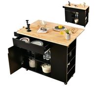 KOMFOTTEU Isla de Cocina con Encimera Extensible, Carro de Servicio de Madera con 5 Ruedas, Mueble de Almacenamiento con Cajón, Armario con Puerta, Estante Abierto y Toallero, Barra Comedor (Negro)