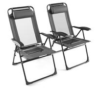 KOMFOTTEU Juego de 2 Sillas de Jardín Plegables con Respaldo Alto Ajustable en 7 Posiciones, Sillones de Exterior con Tela de Malla Ventilada, Silla Reclinable con Reposacabezas Extraíble (Gris)