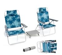 KOMFOTTEU Juego de 2 Sillas y Mesa Playa Plegable, Sillas de Camping con Reposacabezas y Respaldo Ajustable, Silla Portátil con Bolsas Laterales para Jardín (Azul, Modelo 2)