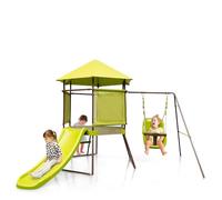 KOMFOTTEU Juego de Columpio 4 en 1 para Niños de 3 a 7 Años - Con Tobogán, Fortaleza y Escalera - Altura Ajustable para Uso Interior y Exterior