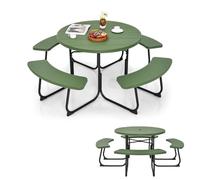 KOMFOTTEU Juego de Mesa de Picnic Redonda para 8 Personas, Conjunto Sillas y Mesa con Orificio para Sombrilla, Mueble de Jardín con 4 Bancos de HDPE y Metal, φ190 x 76 cm (Verde)