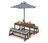 KOMFOTTEU Juego de Muebles Infantiles con Sombrilla, Conjunto de Picnic con 1 Mesa y 2 Bancos para Niños, Conjunto de Asientos de Madera de Abeto con Cojines para Jardín, Parque, Terreza (Azul)