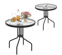 KOMFOTTEU Mesa de Jardín de Vidrio Templado, Mesa de Comedor con Agujero para Sombrilla de 4 cm, Mesita Lateral Redonda con Marco de Metal, para Balcón, Terreza, Diámetro 70 cm