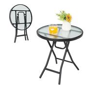 KOMFOTTEU Mesa de Jardín Plegable, Mesa de Comedor con Tapa de Cristal y Marco de Metal, Mesa Lateral Portátil Carga 50 kg, Mesa de Bistró para Patio, Terreza, Balcón, 46 x 46 x 47 cm (Redonda)