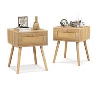 KOMFOTTEU Mesita de Noche con Cajón de Ratán, Mesilla Auxiliar de Madera, Mesa Lateral Estrecha con Patas de Pino, Mesa Cabecera para Dormitorio, Sala de Estar, 40 x 40 x 55 cm, Natural (2)
