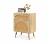 KOMFOTTEU Mesita de Noche con Cajón y Puerta de Ratán, Mesa Auxiliar con Patas de Madera Maciza, Mesa Cabecera para Dormitorio, Sala de Estar, 45 x 30 x 61 cm, Natural