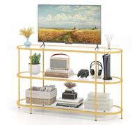 KOMFOTTEU Mueble TV Salón de 3 Estantes, Mesa Consola de Vidrio Templado con Marco de Metal, Soporte para TV de hasta 65", Mesa Baja para Dormitorio, Entrada, Dorado