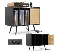 KOMFOTTEU Soporte para Tocadiscos con Estación de Carga, Mueble para Discos de Vinilo con 3 Estantes Abiertos y Armario con Puerta de Ratán, Mesa Auxiliar para Álbumes con Estante Ajustable (Negro)