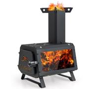 KOMFOTTWU Estufa de Leña con Ventana, Mini Estufa Portátil con 2 Superficies de Cocción, Horno de Camping de Acero al Carbono con Bandeja para Cenizas y Ventilación, para Senderismo, Viajes