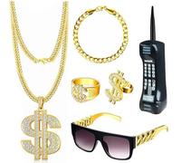 Komicea Disfraz de chulo para carnaval, juego de 6 unidades, 80 y 90, para hombre con gángster, gafas de sol, cadena dorada, anillo de dólar, pulsera dorada, kit de disfraz para cosplay, carnaval,