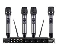 KOMISON Sistema de micrófono inalámbrico de 4 canales, micrófonos inalámbricos de metal, dinámico inalámbrico para cantar, karaoke, iglesia, DJ, rango de 250 pies (gris)