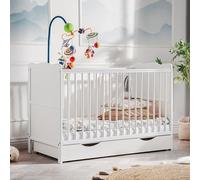 Komodee, Cuna Aurora con cajón, Color Blanco Mate, colchón de Espuma de Aloe Vera hipoalergénico, rieles dentales y Altura Regulable, Convertible en Cama Junior, Ancho 67 cm x Alto 85 cm x Largo 124