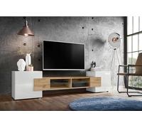 Komodee, Mueble de TV Merano de 2 Puertas, 4 estantes, Blanco Wotan Blanco, Profundo 52,5 x Ancho 230 x 35 cm Alto, sin LED, para Salón, Comedor, Dormitorio
