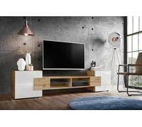 Komodee, Mueble de TV Merano de 2 Puertas, 4 estantes, Wotan Wotan Blanco, Profundo 52,5 x Ancho 230 x 35 cm Alto, sin LED, para Salón, Comedor, Dormitorio