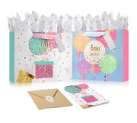 KomoLeay Paquete de 2 bolsas de regalo grandes de 13 pulgadas con papel de seda para fiestas de cumpleaños, bolsas de regalo de cumpleaños