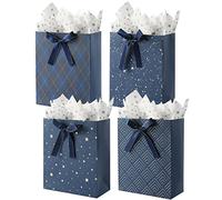 KomoLeay Paquete de 4 bolsas de regalo de tamaño grande de 13 pulgadas, bolsas de regalo azules de alta calidad con papel de seda para cumpleaños, baby shower, bodas, recuerdos de fiesta, regalos de