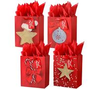 KomoLeay Paquete de 4 bolsas de regalo de tamaño grande de 13 pulgadas, bolsas de regalo con patrones de Navidad surtidos con papel de seda para decoración de suministros de fiesta de Navidad,