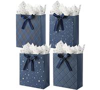 KomoLeay Paquete de 4 bolsas de regalo de tamaño mediano de 9 pulgadas, bolsas de regalo azules de alta calidad con papel de seda para cumpleaños, baby shower, bodas, recuerdos de fiesta, regalos de