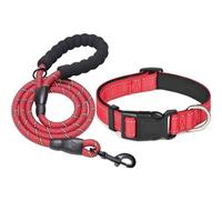 KOMUNJ Set de collar y correa reflectante para perros, collar ajustable, correa de nylon resistente para perros medianos y grandes, rojo, m