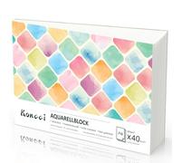Koncci Papel de acuarela A4, 40 hojas de bloc de acuarela, Prensado en frío de 300 g/m², Papel acuarela blanco para acuarela y dibujo, Adecuado para aficionados, principiantes