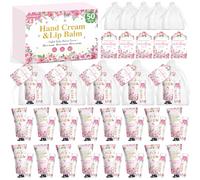 KONEUK Paquete de 50 cremas de manos y bálsamos labiales, regalo a granel para baby shower y despedida de soltera, con tarjeta de agradecimiento y bolsas de organza, juego de regalo