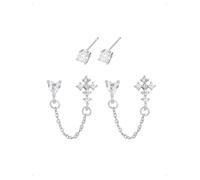 KONFEN 2 Pares Pendientes De Botón Cadena Mujer, Pendientes Pequeño Forma Cruz Corazón Con Circonita Brillante, Minimalistas Pendiente Piercing Helix Apilable, Hipoalergénico Pendiente Joyería, Plata