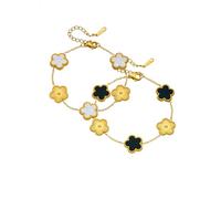 KONFEN 2 Piezas Pulsera Mujer Trébol de Cinco Hojas Set, Acero Inoxidable Chapado en 18K, Pulseras Ajustable Amuleto Suerte, Bracelet Joyería Diaria Elegante Joyas, Negro-Dorado Blanco-Dorado