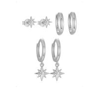 KONFEN 3 Pares Pendientes Aro Botón Set Mujer, Estrella Ocho Puntas Colgantes Piercing Pendiente, Oreja Cartílago Hipoalergénicos Apilables Pendientes Múltiples Piercings Joyería Fantasía, Plata