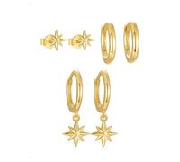 KONFEN 3 Pares Pendientes Aro Botón Set Mujer, Estrella Ocho Puntas Colgantes Piercing Pendiente, Oreja Cartílago Hipoalergénicos Apilables Pendientes Múltiples Piercings Joyería Fantasía, Oro