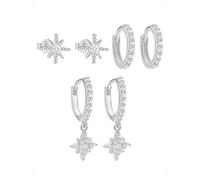KONFEN 3 Pares Pendientes Aro Botón Set Mujer, Shine Circonitas Cúbicas Estrella Ocho Puntas Colgantes Piercing Pendiente Oreja Cartílago Hipoalergénicos Apilables Múltiples Piercings Fantasía, Plata