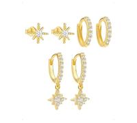 KONFEN 3 Pares Pendientes Aro Botón Set Mujer, Shine Circonitas Cúbicas Estrella Ocho Puntas Colgantes Piercing Pendiente Oreja Cartílago Hipoalergénicos Apilables Múltiples Piercings Fantasía, Oro