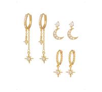 KONFEN 3 Pares Pendientes Aro Botón Set Mujer, Shine Circonitas Estrella Ocho Puntas Luna Largos Cadena Colgantes Piercing Pendiente Oreja Cartílago Hipoalergénicos Apilables Múltiples Piercings, Oro