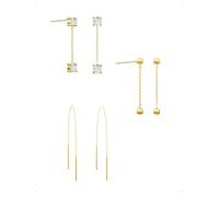 KONFEN 3 Pares Pendientes Botón Flecos Mujer Acabado Baño Oro 14K, Pendientes Colgante Cadena Larga Con Circonita Brillante, Moda Pendiente Piercing Helix, Hipoalergénico Pendiente Joyería Regalo Oro