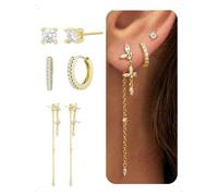 KONFEN 3 Pares Pendientes Botón y Aro Cadena Set Acabado Baño Oro 14K, Pendientes Cruz Colgante Flecos Larga Con Circonita Brillante, Moda Hipoalergénico Pendiente Piercing Helix Joyería Regalo, Oro