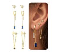 KONFEN 3 Pares Pendientes Botón y Aro Flecos Set Acabado Baño Oro 14K, Pendientes Mujer Cadena Estrella Con Circonita Brillante, Hipoalergénico Azul Colgante Pendiente Piercing Joyería Regalo, Oro