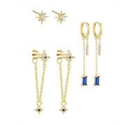 KONFEN 3 Pares Pendientes Botón y Aro Flecos Set Acabado Baño Oro 14K, Pendientes Mujer Cadena Estrella Con Circonita Brillante, Hipoalergénico Azul Colgante Pendiente Piercing Joyería Regalo, Oro