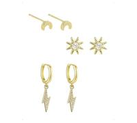 KONFEN 3 Pares Pendientes Botón y Aro Set Mujer Acabado Baño Oro 14K, Pendientes Colgante Estrella Luna Rayo Con Circonita Brillante, Moda Hipoalergénico Piercing Helix Pendiente Joyería Regalo, Oro