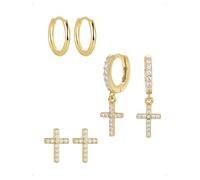 KONFEN 3 Pares Pendientes Botón y Aro Set Mujer Acabado Baño Oro 14K, Pendientes Pequeño Doble Cruz Con Circonita Brillante, Elegant Hipoalergénico Pendiente Colgant Piercing Helix Joyería Regalo Oro