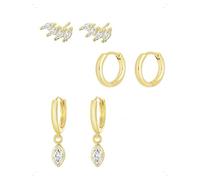 KONFEN 3 Pares Pendientes Botón y Aro Set Mujer Acabado Baño Oro 14K, Pendientes Pequeño Forma Pluma Colgante De Hoja Con Circonita Brillante, Moda Hipoalergénicos Pendiente Mujer Joyería Regalo, Oro