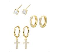 KONFEN 3 Pares Pendientes Botón y Aro Set Mujer Acabado Baño Oro 18K, Pendientes Pequeño Cruz Colgante Con Circonita Brillante, Apilable Pendiente Piercing Helix, Hipoalergénico Earrings Joyería, Oro