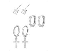 KONFEN 3 Pares Pendientes Botón y Aro Set Mujer Acabado Baño Oro 18K, Pendientes Pequeño Cruz Colgant Con Circonita Brillante, Apilable Pendiente Piercing Helix, Hipoalergénico Earring Joyería, Plata