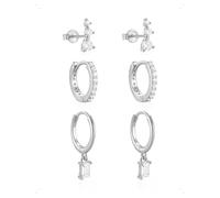 KONFEN 3 Pares Pendientes Botón y Aro Set Mujer, Pendientes Pequeño Colgante Con Circonita Brillante, Elegantes Pendiente Piercing Helix Apilable, Hipoalergénico Pendiente Mujer Joyería Regalo, Plata